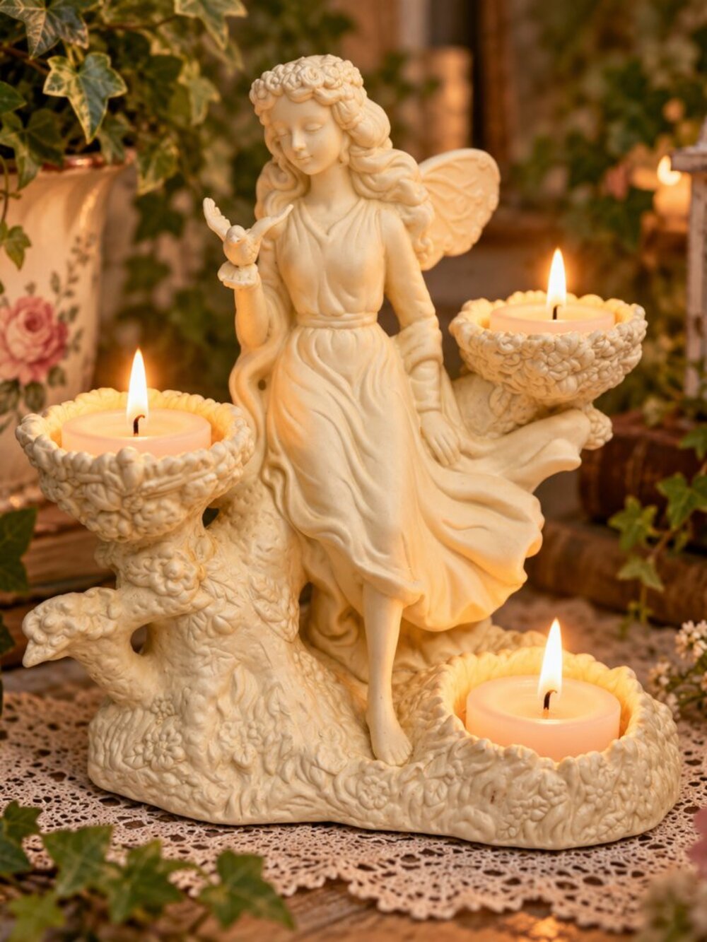 Vintage PartyLite P7298 Ariana’s Garden Fairy Bisque Porcelain 3 Candle Holder